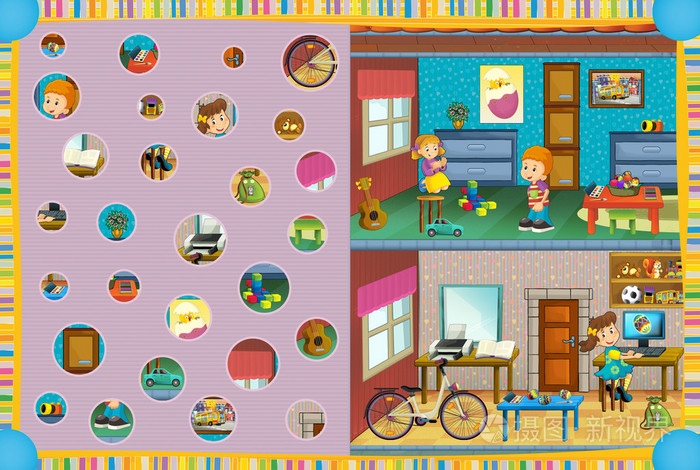 卡通场景的孩子们在他们的房间-匹配游戏
