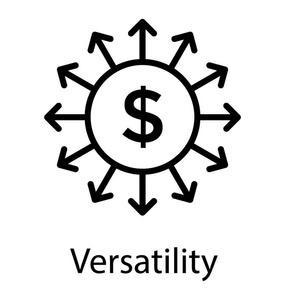 在这个图标美元的所有方面的箭头, 显示利润来自四面八方, 多功能图标