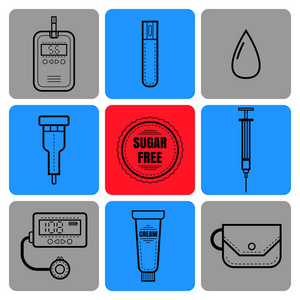 糖尿病.平的图标和对象的医疗设备照片