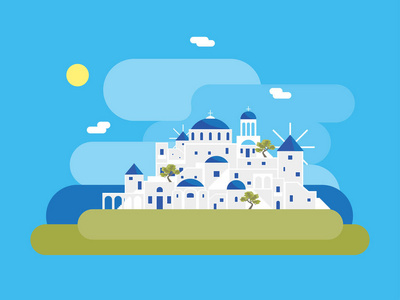 卡通圣托里尼岛村.向量照片