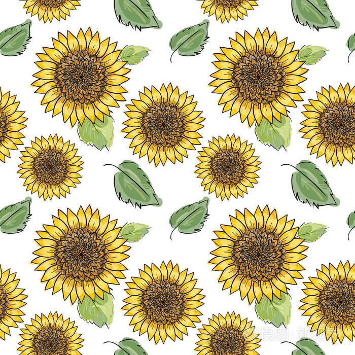 向日葵矢量无缝图案与绿叶 仿墨和水彩白色背景 手绘花头 自然主题壁纸 包装纸 包装纸 生日贺卡设计插画 正版商用图片0que1i 摄图新视界