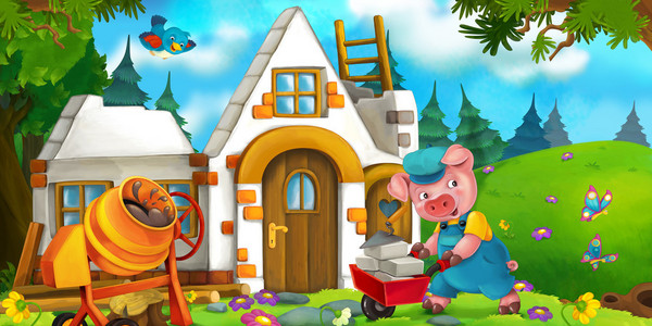 努力工作猪建一栋房子矢量模式与可爱的小猪卡通场景的老房子里面害怕