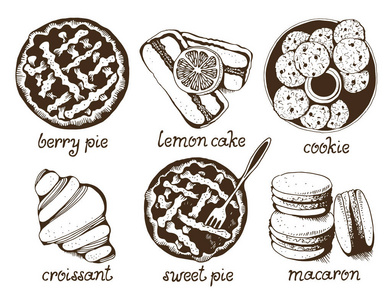 面包店, 甜糕点矢量集, 手绘矢量插图 饼干, 马卡龙, 馅饼, 蛋糕, 在白色背景下的文本分离的牛角面包