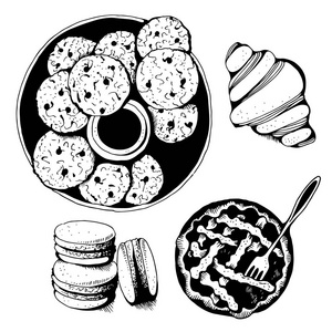 面包店, 甜糕点矢量集, 手绘矢量插图 饼干, 牛角面包, 马卡龙, 馅饼在白色背景下分离