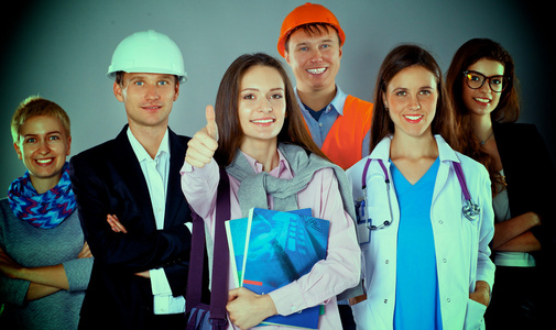 微笑有各种职业的人,表现出明显好的肖像照片