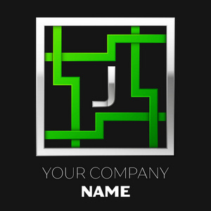 逼真的银色字母 J 标志符号在银色绿色的彩色正方形迷宫形状上黑色背景。标志象征迷宫, 选择正确的路径。用于设计的矢量模板