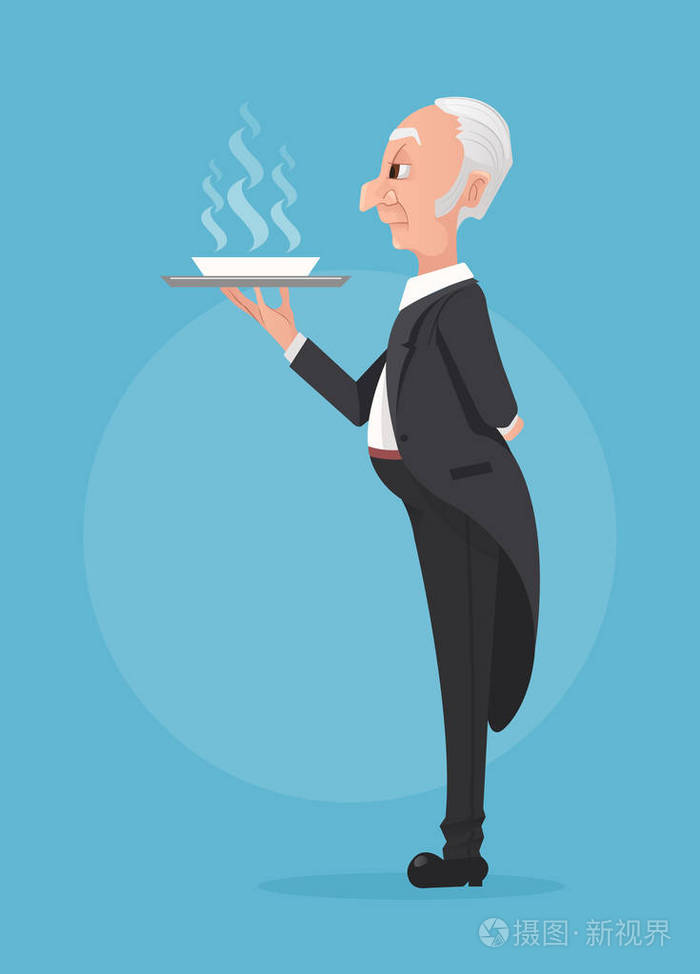 保持与汤盘托盘的黑色礼服的管家.矢量平面卡通插画