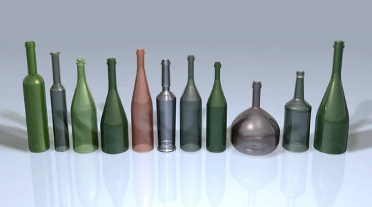 各种形式的有色玻璃瓶在中性背景, 3d 渲染