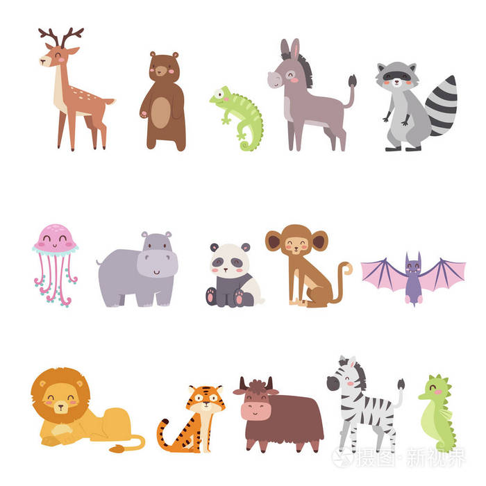 卡通动物隔离滑稽野生动物学习可爱语言和热带自然野生哺乳动物丛林高