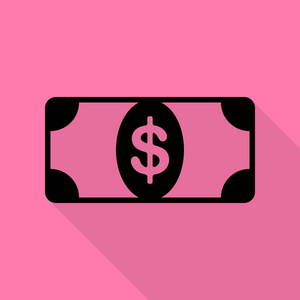 银行纸币美元符号。与平面样式阴影路径在粉红色的背景上的黑色图标