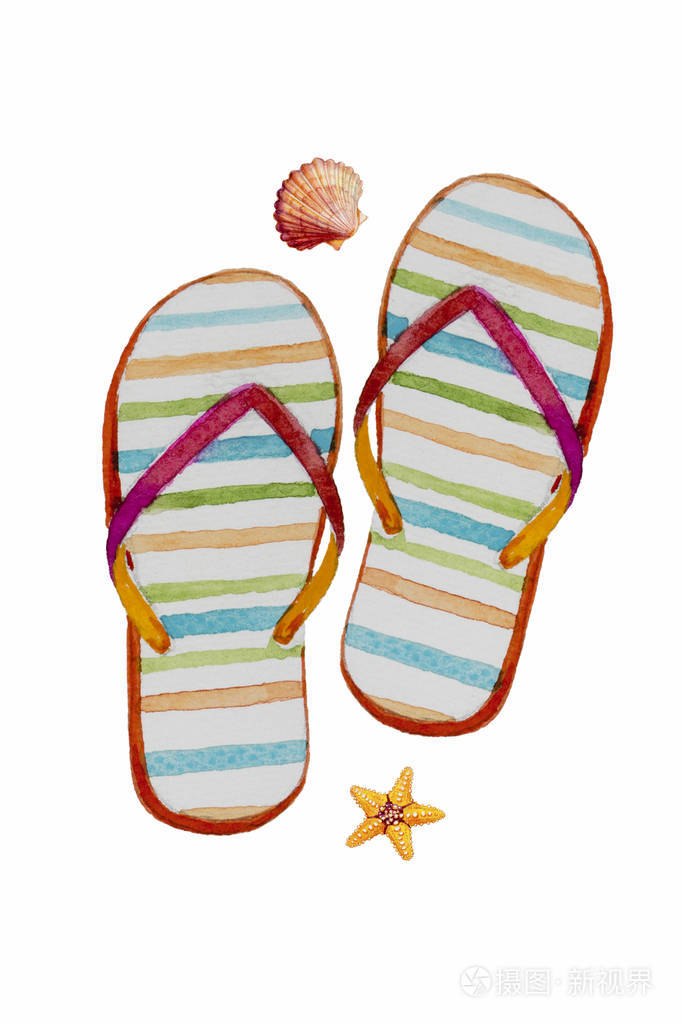 旅游夏季时间与海沙滩拖鞋.