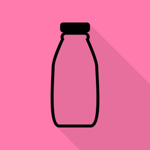 牛奶瓶标志。与平面样式阴影路径在粉红色的背景上的黑色图标