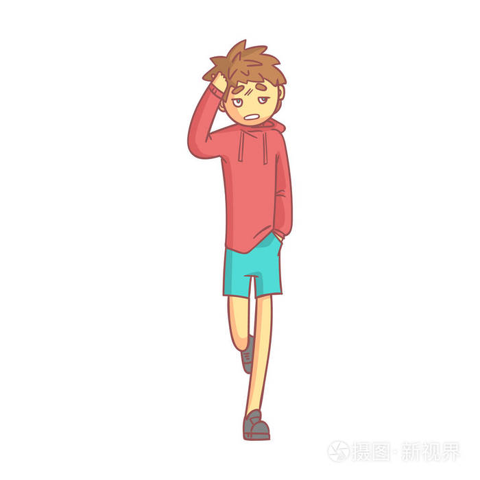 在红色连帽衫和摸他的头患头痛的蓝色短裤的男孩.丰富多彩的卡通人物