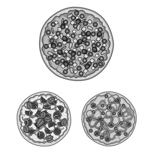 不同的比萨饼单色图标集合中的设计。比萨食物矢量符号股票网页插图