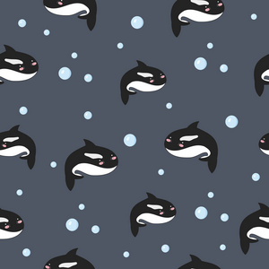 矢量可爱的无缝模式与有趣的海洋动物。墙纸与可爱的虎鲸在背景, 柔和的颜色。织品, 婴孩书, 孩子 rooml, 生日