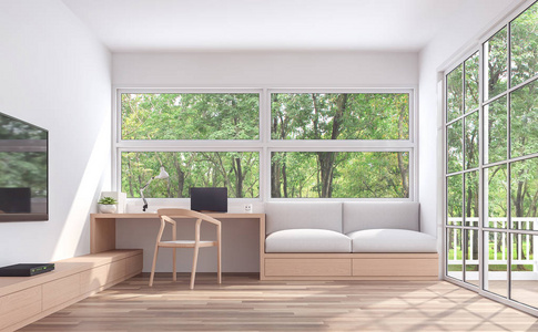 现代客厅和工作康纳与自然看法3d 渲染。房间里有木地板和白色的墙. 配有木制家具。有大窗户看着看自然
