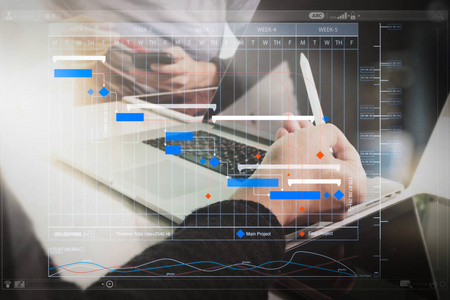 项目经理使用里程碑进度计划和甘特图计划虚拟图来工作和更新任务。商务团队会议出席。照片专业投资者使用新的启动项目