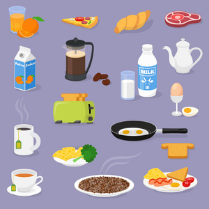 矢量早餐时间图和新鲜的食物和饮料
