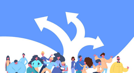 人群站在方向选择箭头决定男女角色多样性构成孤立的男性女性卡通肖像