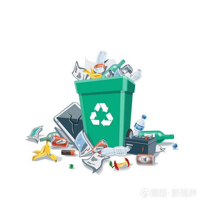 孤立在白色背景上的垃圾桶周围乱抛垃圾垃圾插画-正版商用图片0qv50p