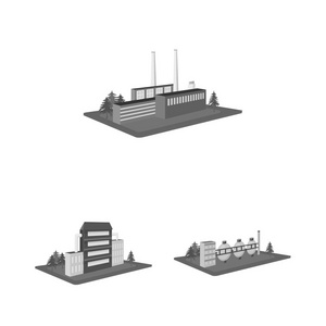 工厂和工厂的单色图标集设计。生产和企业向量等距符号库存 web 插图