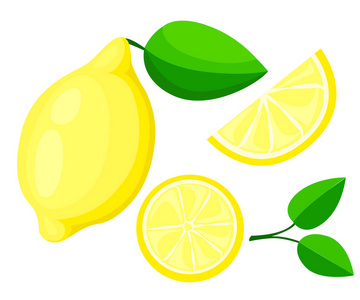矢量柠檬。新鲜的柠檬果实，集合的矢量插图隔离设置包装柑橘汁设计酸