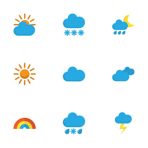 气象平面图标设置。太阳 闪光灯 细雨和其他元素的集合。此外包括符号如淋浴，冰雹，阴天