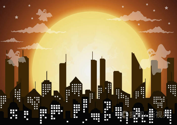 剪影的城市和满月的夜晚,鬼万圣节在 sky.vector