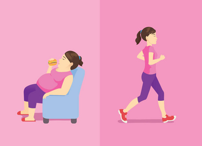胖女人在沙发上吃汉堡包, 但苗条的女人在慢跑。关于差异活动和形状的说明