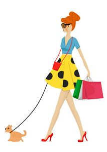 时尚女人与狗和购物袋走