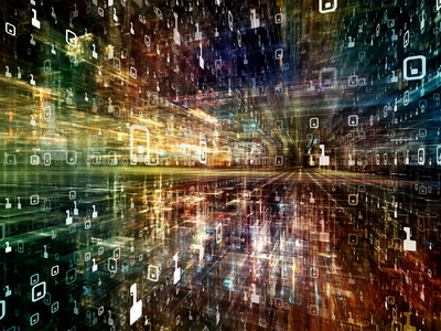 数字城市系列。三个三维分形和数字作为背景适合计算机 科学 虚拟现实和现代技术项目的组成