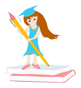 一个漂亮的小女孩用钢笔在笔记本上写字.手绘卡通风格的学生插画照片