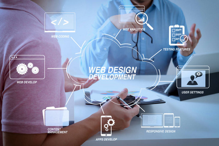 在虚拟图中开发具有网站设计的编程和编码技术。商务人士一起工作在文件和使用智能手机和数字平板电脑和便携式计算机在现代办公室