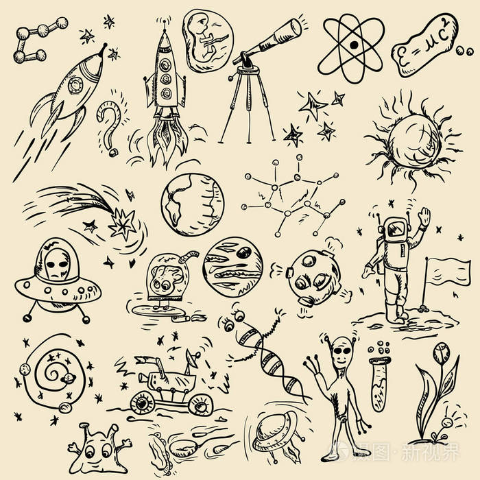 儿童绘画的大集合矢量轮廓空间行星宇航员外星人火箭技术Dna空间探测技术手段