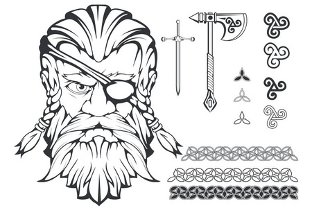 斯堪的纳维亚最高神的北欧神话-奥丁.奥汀头手画.卡通胡子男子字符.