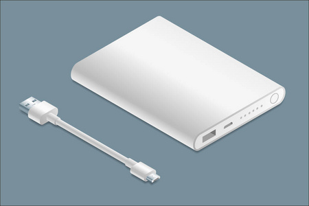 带有微型 Usb 电缆插图的等距白色 powerbank