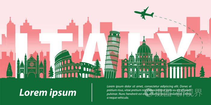 地标剪影样式, 意大利文本内, 旅行和旅游业, 媒介例证, 旗子颜色设计