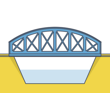 矢量火车拱桥在侧视图和孤立的白色背景上。工业运输建设。金属桥梁建筑。概述了铁路拱桥。装配式的桥梁施工