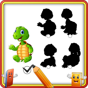 向量图找到正确的阴影.卡通滑稽的海龟坐着挥手.儿童教育游戏照片