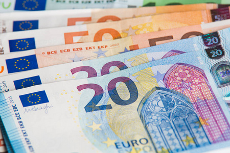 欧元现金特写视图。不同的欧元货币背景法案