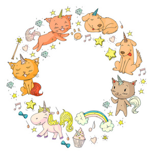 矢量独角兽。Caticorn。猫, 狗, 小马与号角和彩虹。Fantasty 矢量图标。可爱的幼儿园模式为小朋友。公主童话