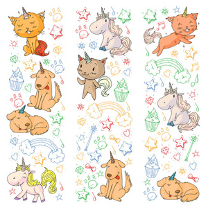 矢量独角兽。Caticorn。猫, 狗, 小马与号角和彩虹。Fantasty 矢量图标。可爱的幼儿园模式为小朋友。公主童话