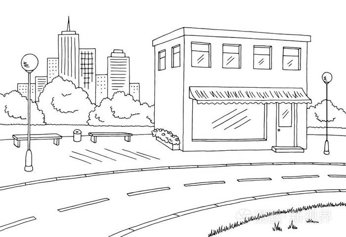 街路图形黑色白色风景素描图矢量