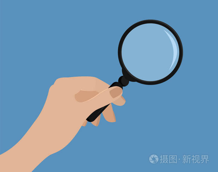 手控股放大镜.矢量图.平面样式.小样用透明玻璃.对孤立的蓝色.