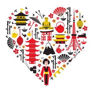 风扇形状在心的形状与传统食品日本符号设置, 旅行图标矢量插画隔绝
