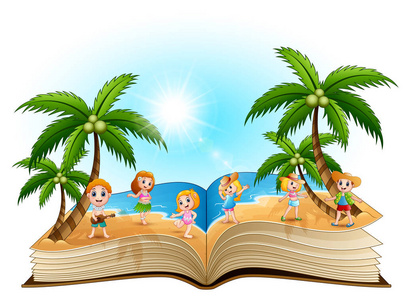开放书的向量例证与小组快乐的孩子在海滩