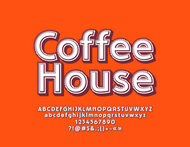 矢量现代标志咖啡屋。带有阴影的简单白色字体。用于营销广告海报的字母数字和符号