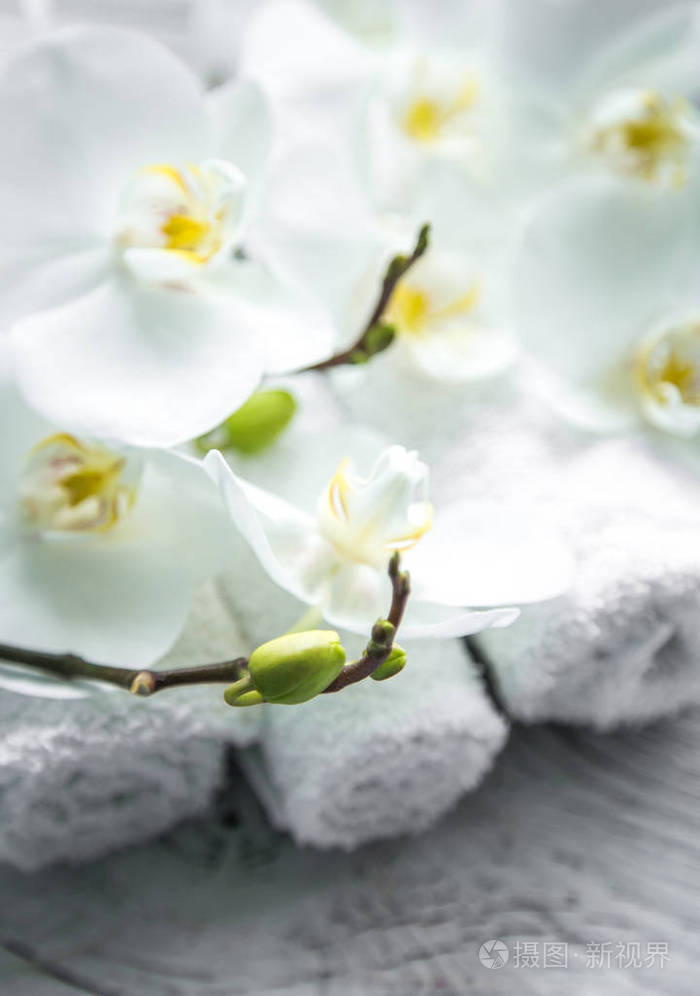 用毛巾的木制背景上的白色兰花