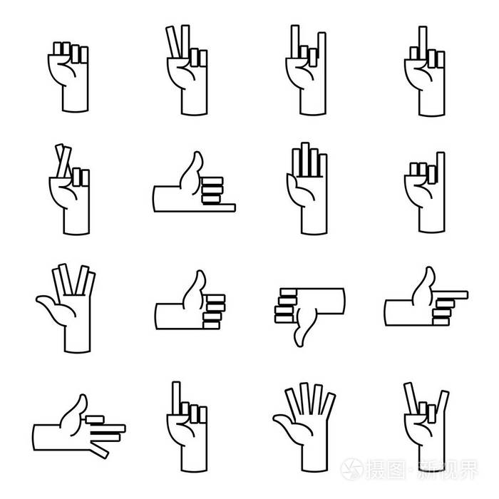 手势在现代的细线条样式集.矢量图.白色背景上孤立