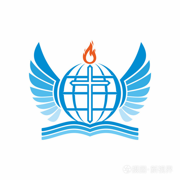 教会的标志.圣经 》,十字架,地球和世界,圣灵和天使的翅膀的火焰